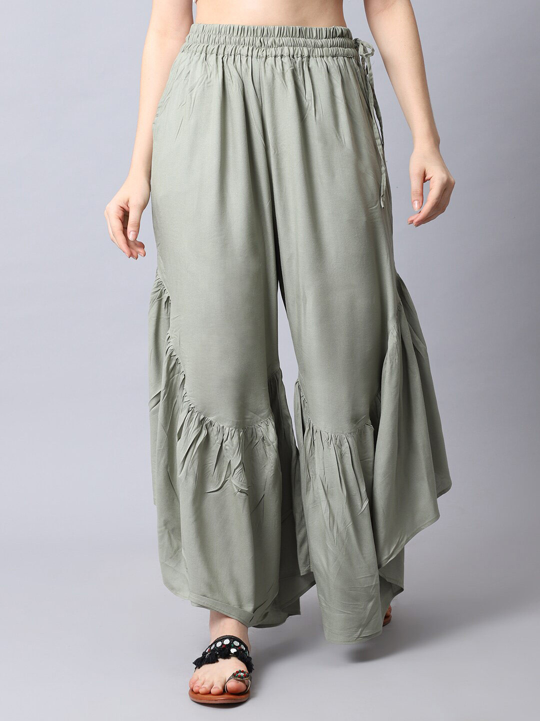 TAG 7 Women Grey Melange Flared Ethnic Palazzos