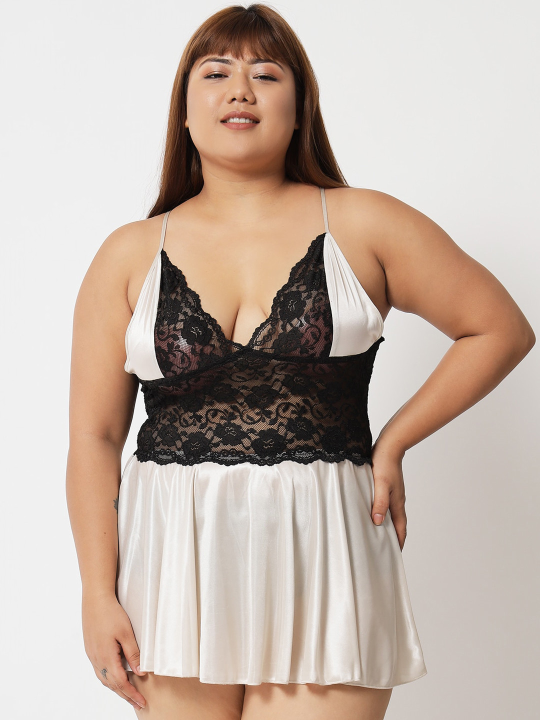 Klamotten Plus Size Beige & Black Satin Baby Doll 07Ac_Klm