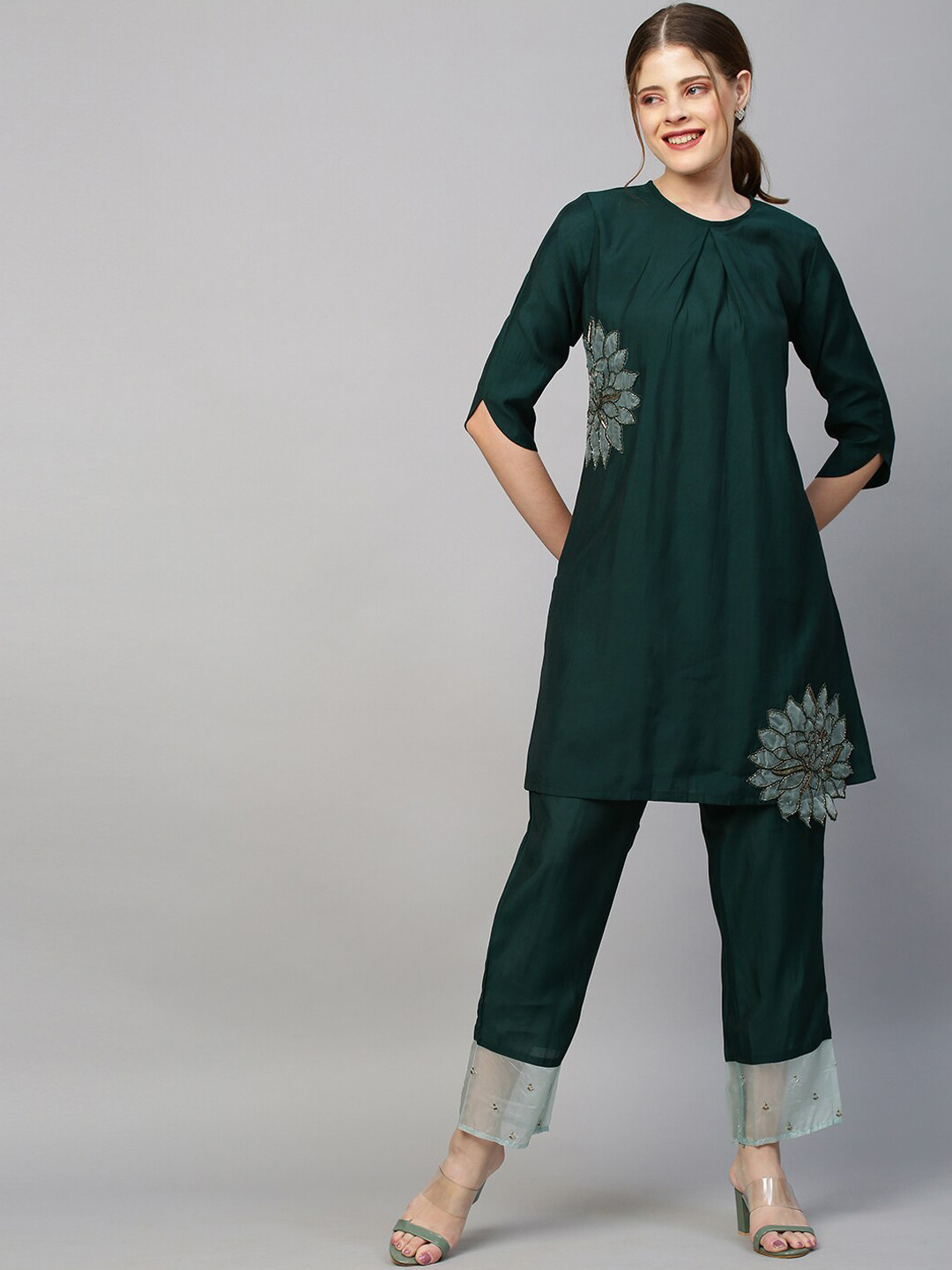 FASHOR Women Dark Green Embellished Co-ords