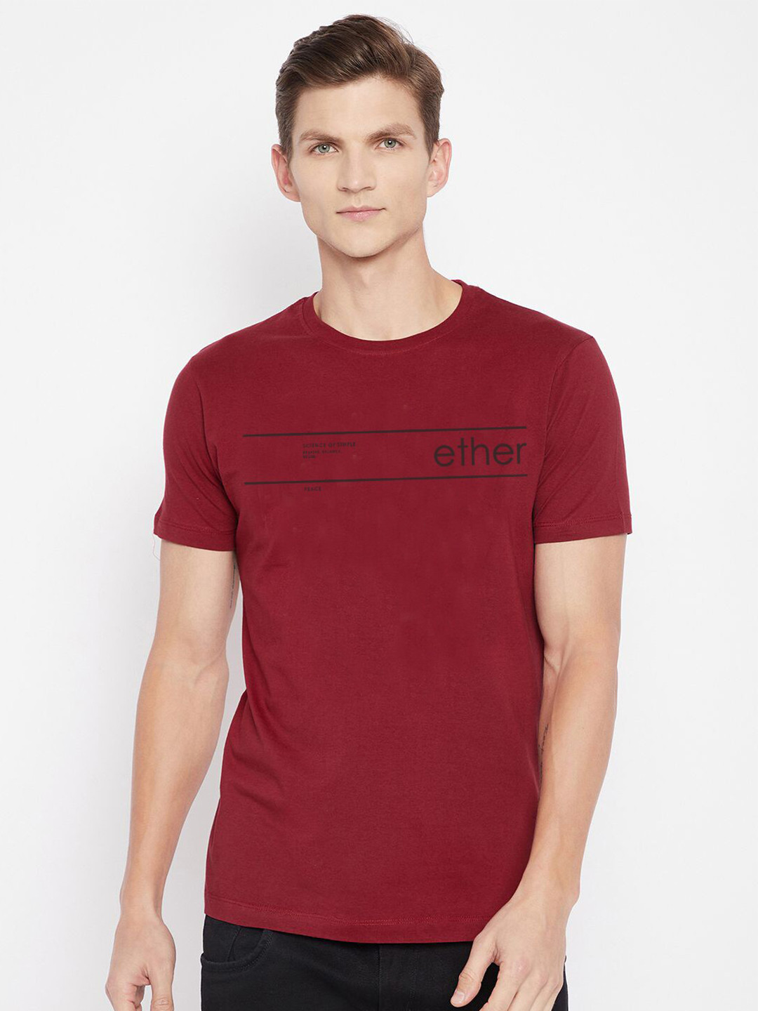 ether Men Maroon Typography Printed T-shirt