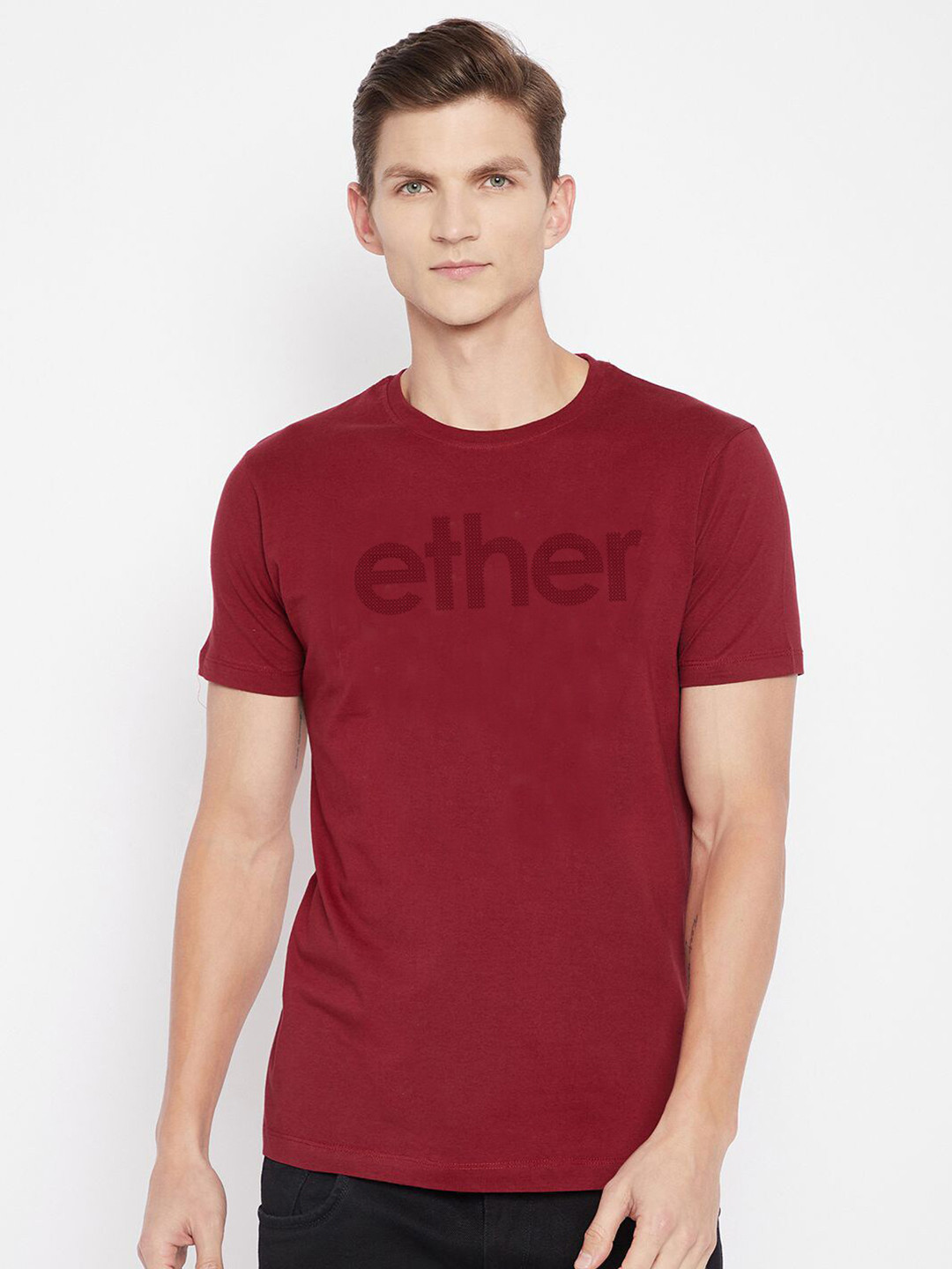ether Men Maroon Typography T-shirt
