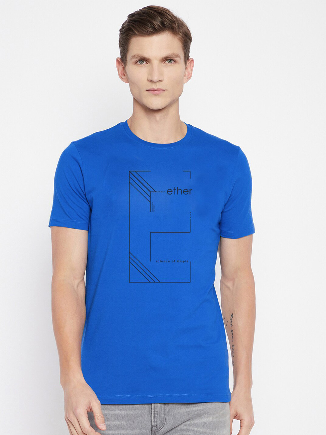 ether Men Royal Blue Typography Printed T-shirt