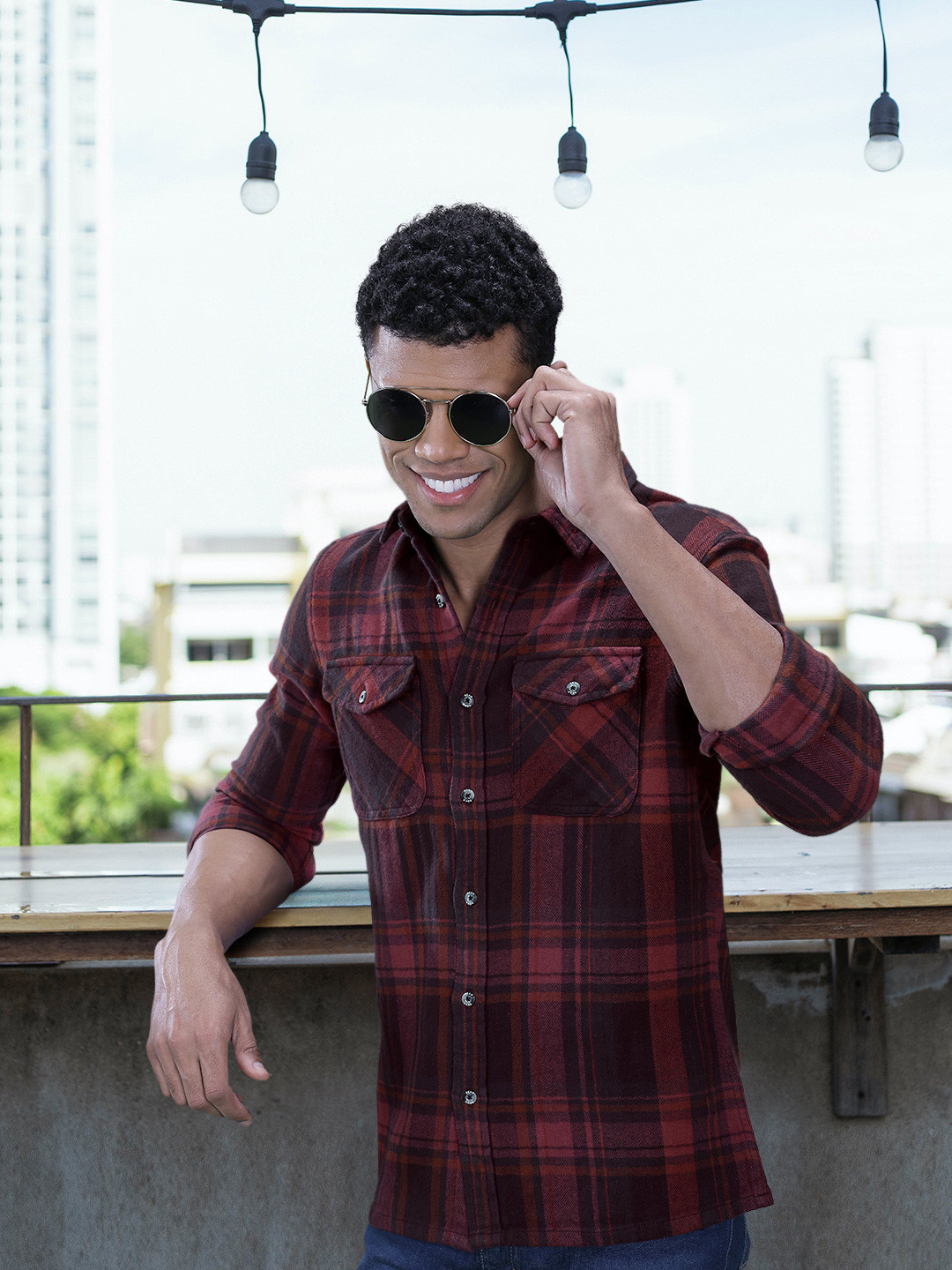 THE BEAR HOUSE Maroon Tartan Checked Heavy Weight Flannel Pure Cotton Slim Fit Shirt