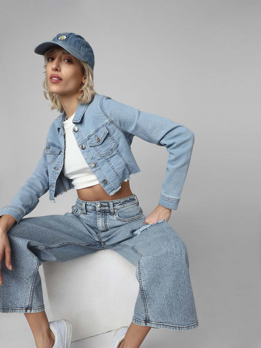 ONLY Women Blue Crop Denim Jacket with Patchwork
