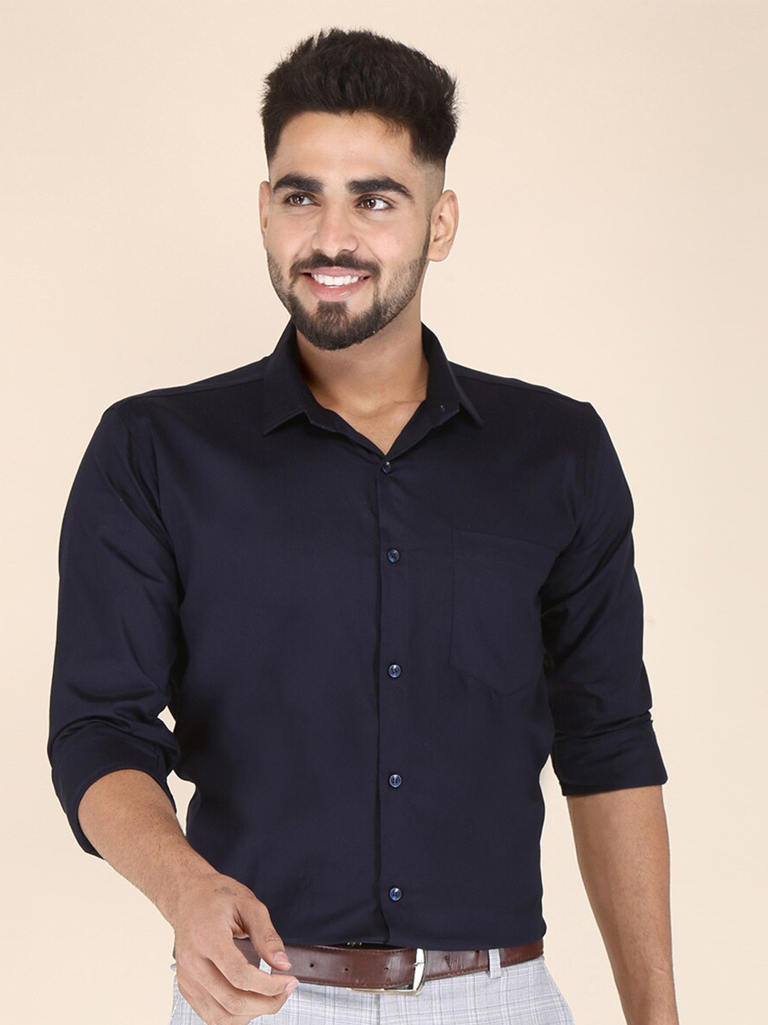 FUBAR Men Navy Blue Modern Formal Cotton Shirt