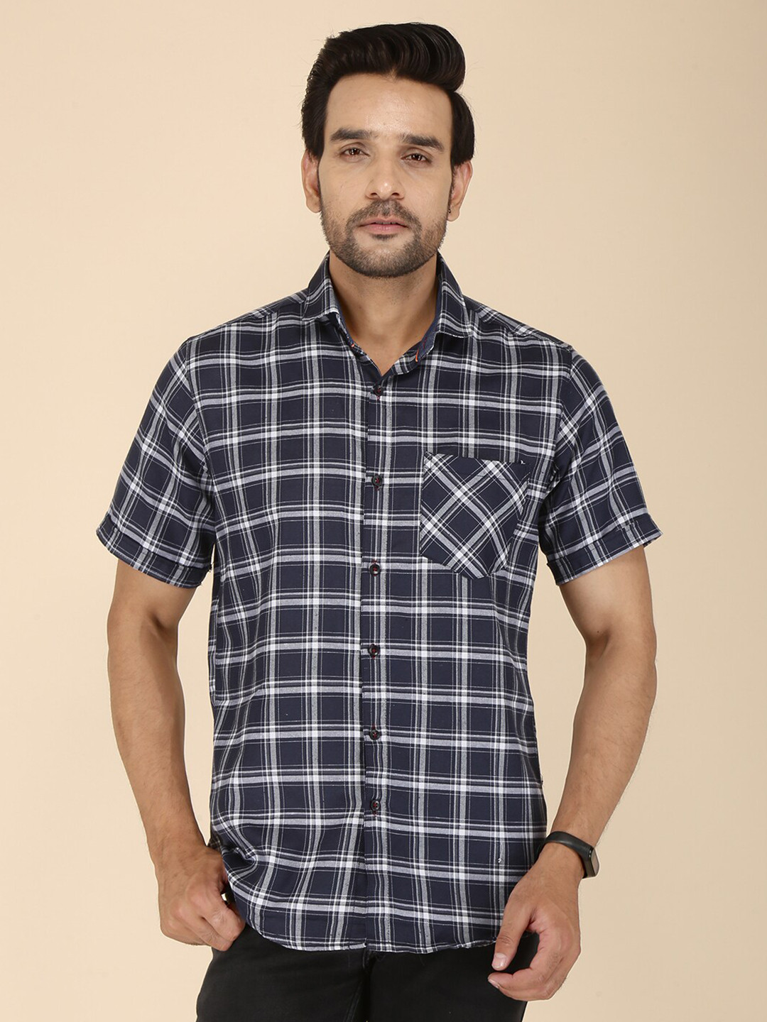 FUBAR Men Navy Blue Modern Tartan Checked Cotton Casual Shirt