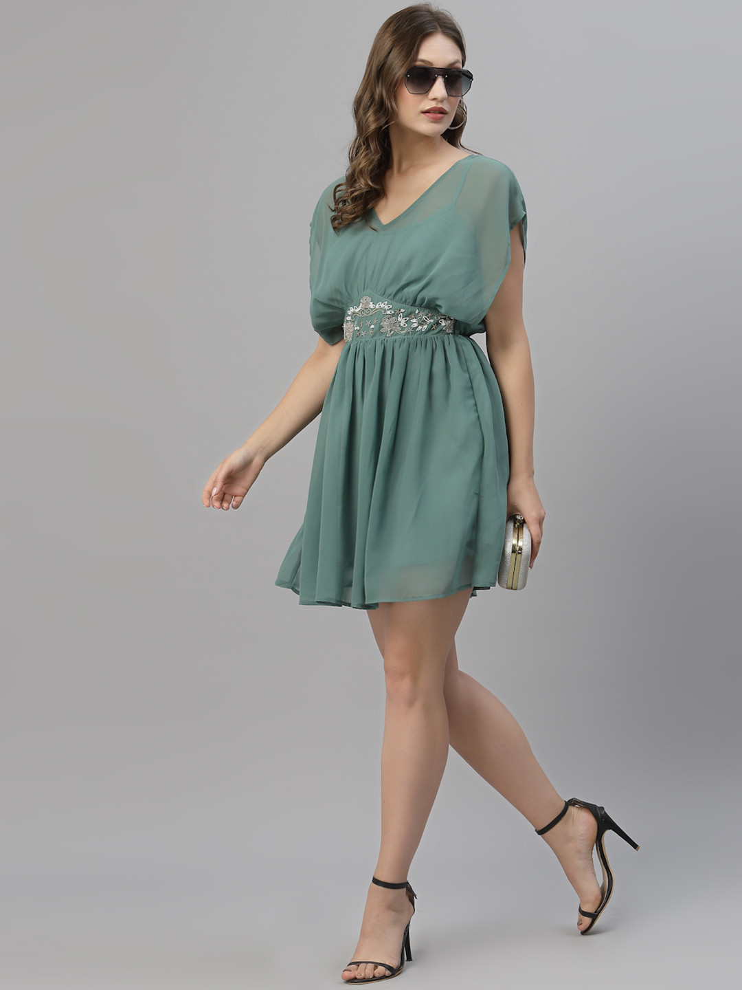 KASSUALLY Sea Green Mini Embroidered Georgette Dress