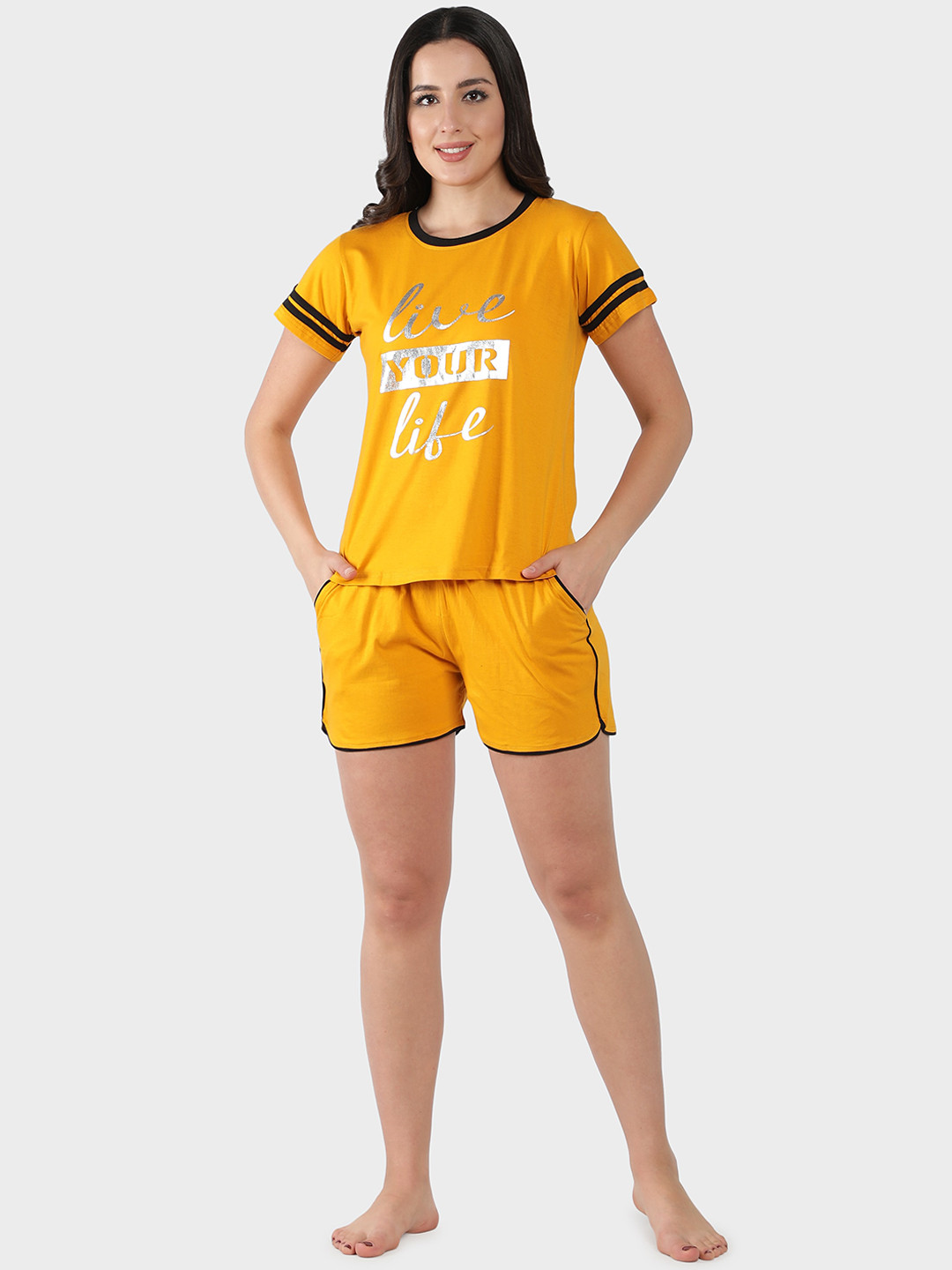 N-Gal Women Mustard & Black Printed Night suit