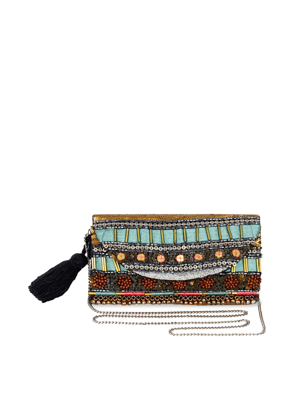 REZZY Blue & Gunmetal-Toned Embroidered Envelope Clutch