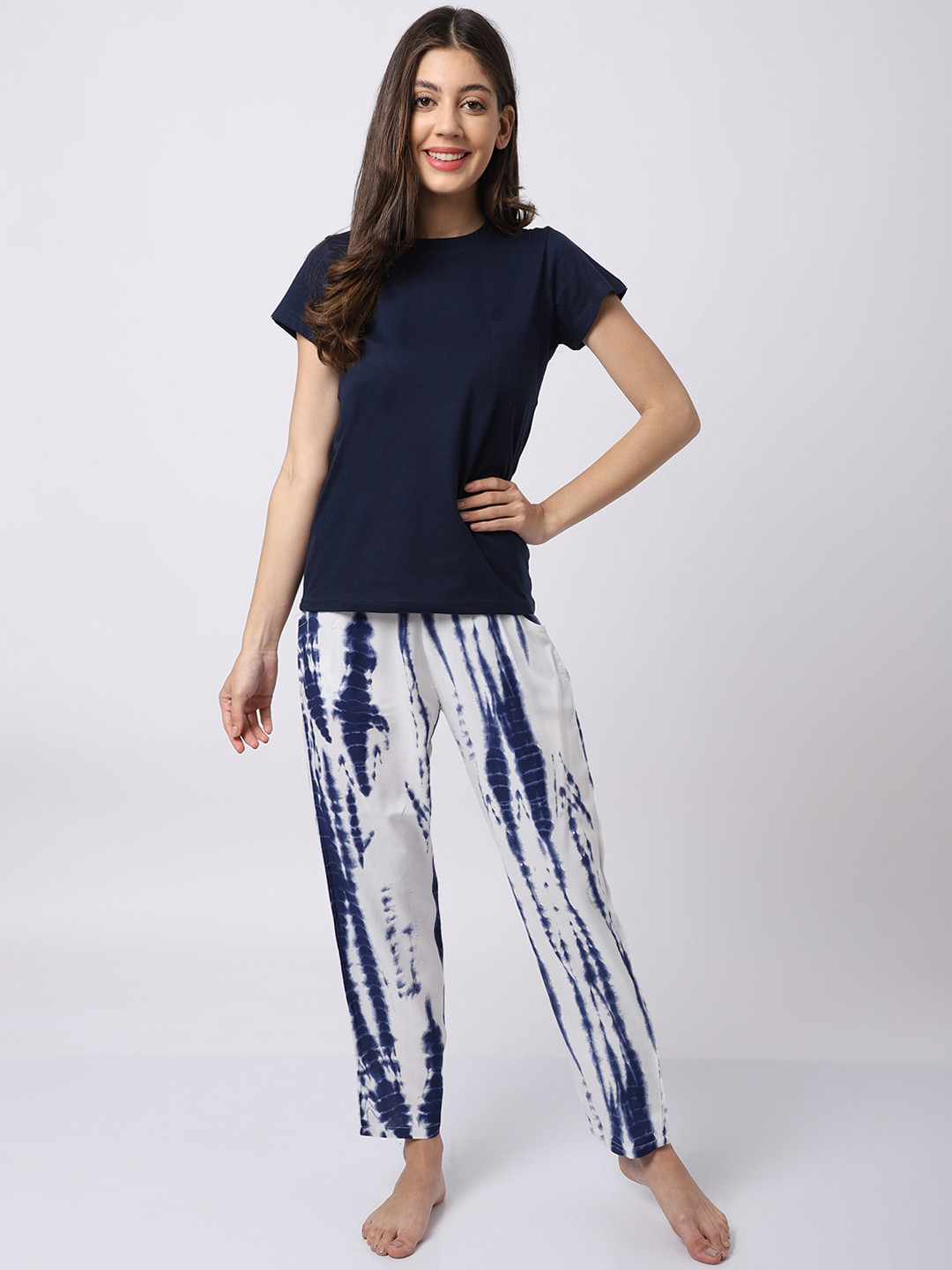 Boston Club Women Navy Blue & White Tie and Dye Cotton Night suit