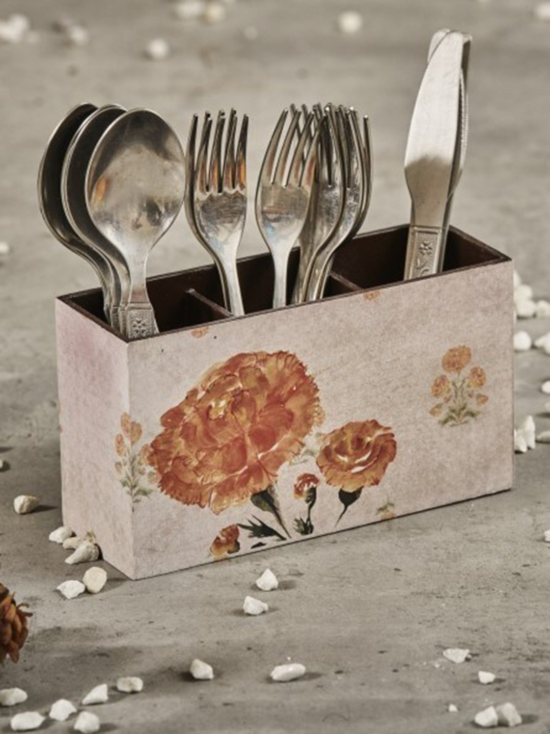 A Tiny Mistake Beige & Orange Floral Printed Cutlery Holder