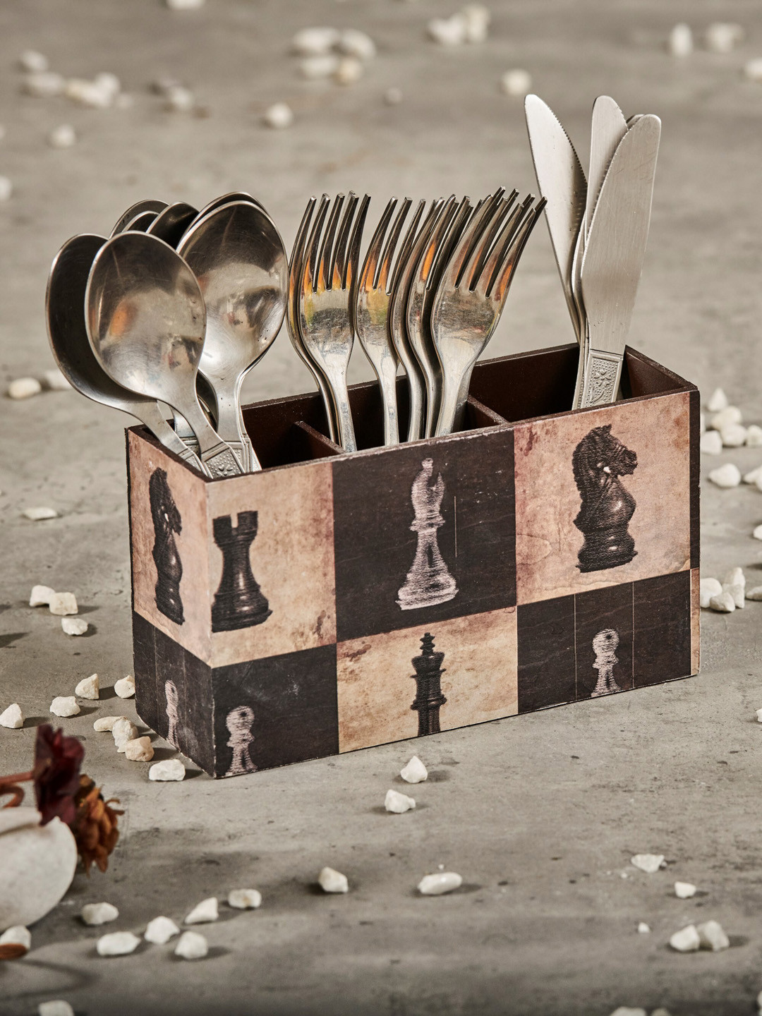 A Tiny Mistake Black & White Chess Cutlery Holder