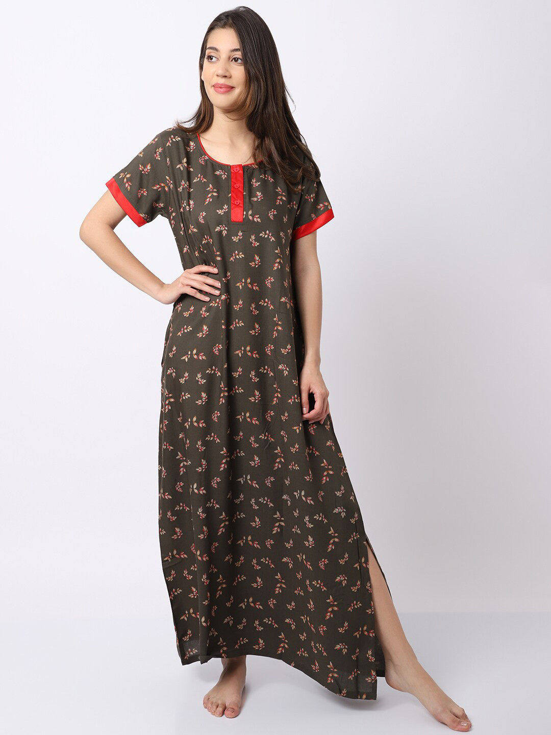Claura Brown Printed Maxi Nightdress