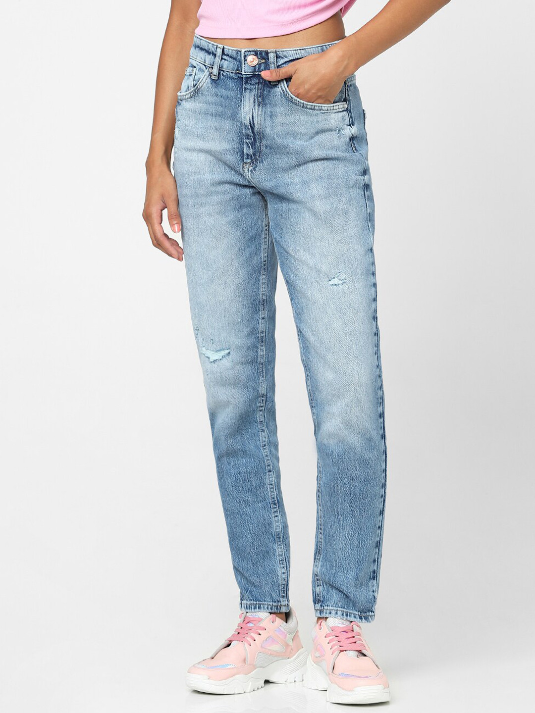 ONLY Women Blue Straight Fit High-Rise Low Distress Heavy Fade Jeans