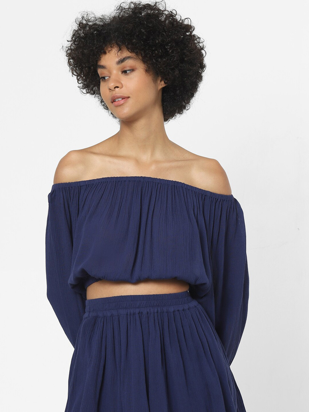 ONLY Blue Off-Shoulder Bardot Crop Top