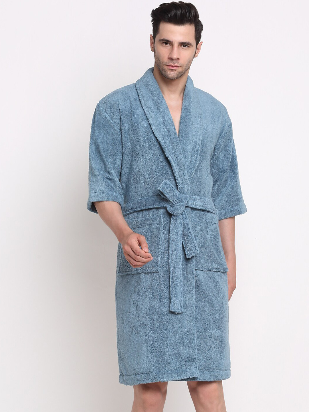 MYTRIDENT Bliss Green Solid Cotton Drawstring Knee Length Bath Robe-M