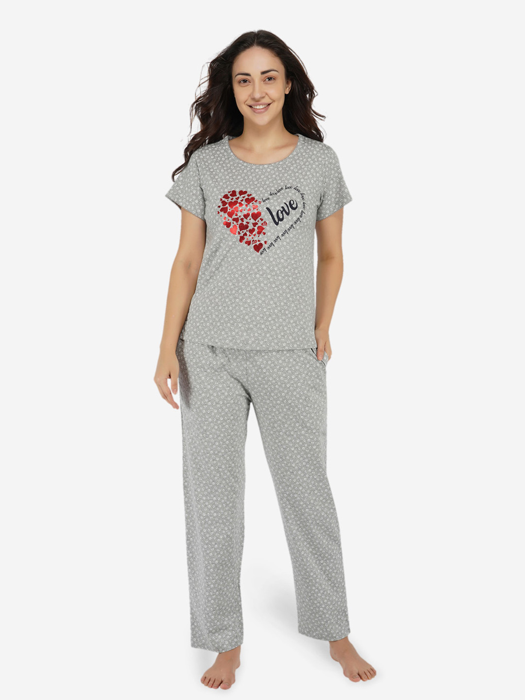 ARTEMIS Women Grey & Maroon Printed Night suit