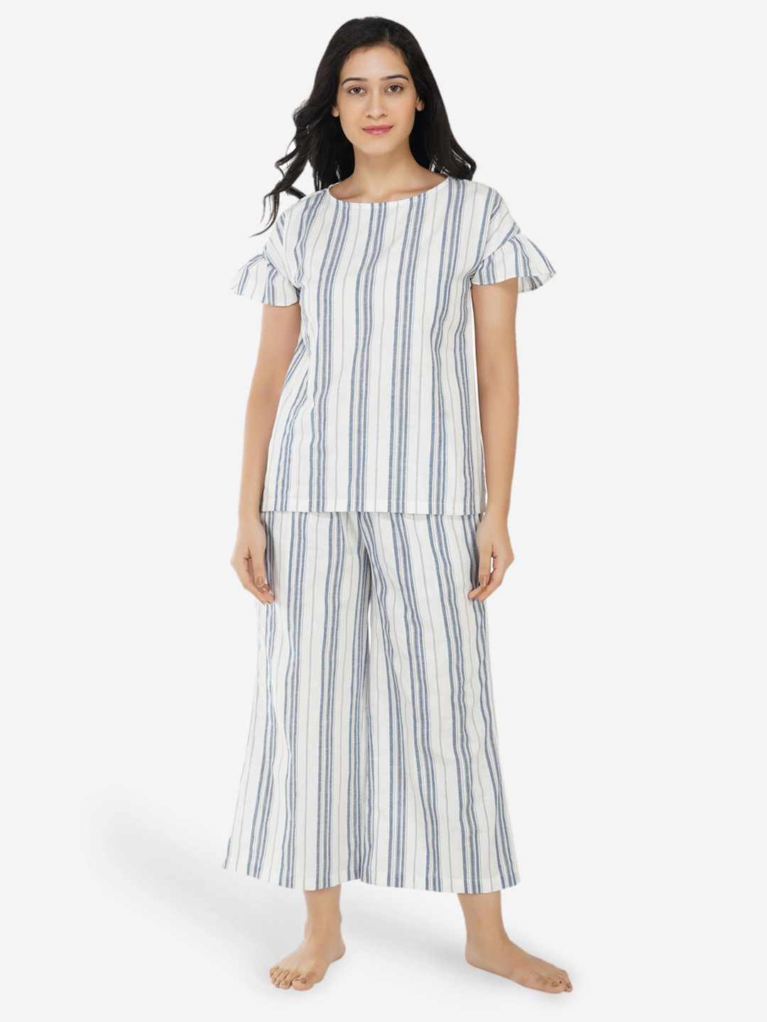 ARTEMIS Women White & Blue Striped Night suit