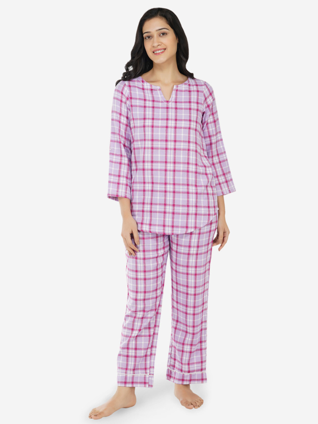 ARTEMIS Women Pink & White Checked Night Suit