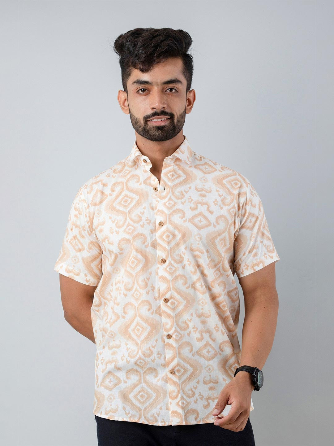 Firangi Yarn Men Beige Standard Printed Casual Shirt