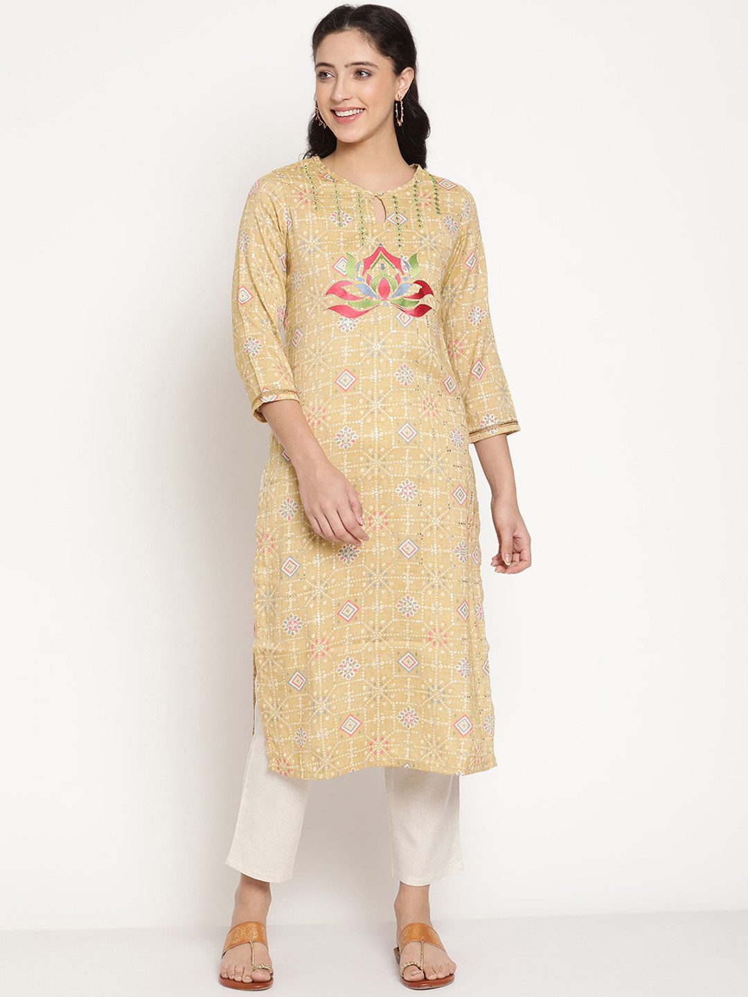 Be Indi Women Keyhole Neck Ethnic Motifs Straight Side Slits Regular Kurta