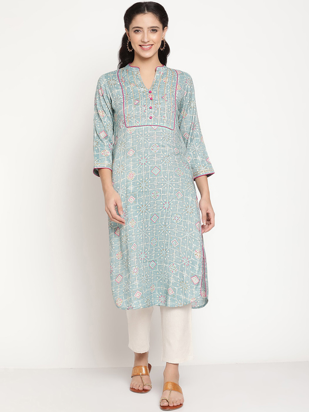 Be Indi Women Mandarin Collar Geometric Straight Side Slits Regular Kurta