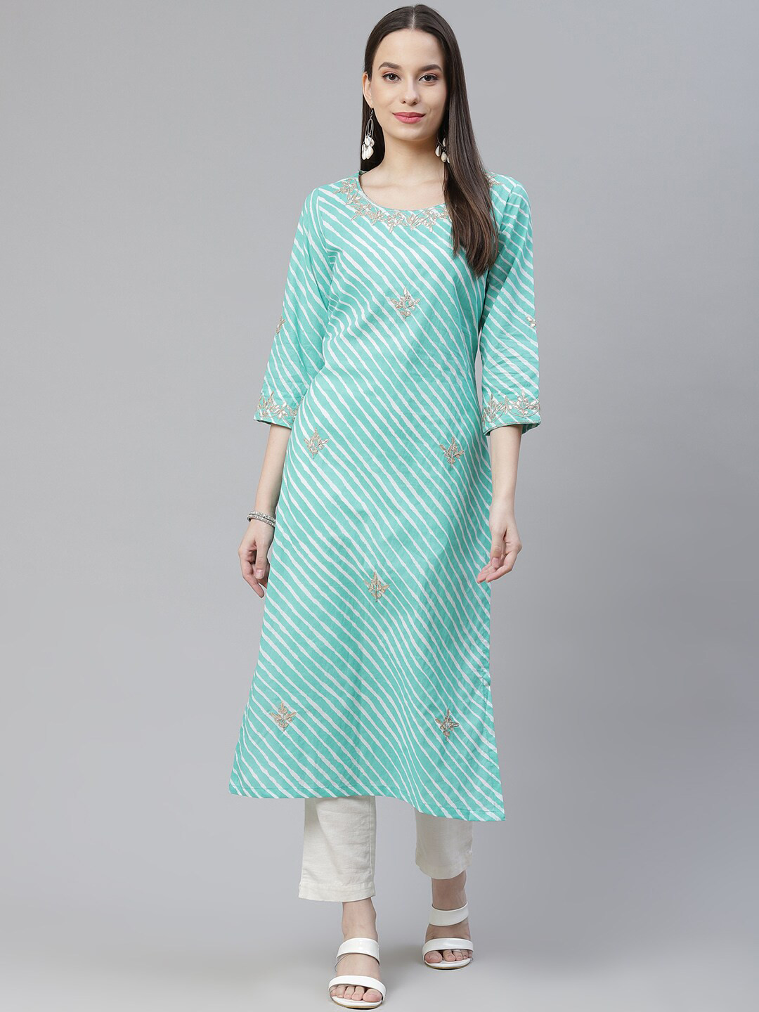 Divena Women Sea Green & White Leheriya Pure Cotton Kurta