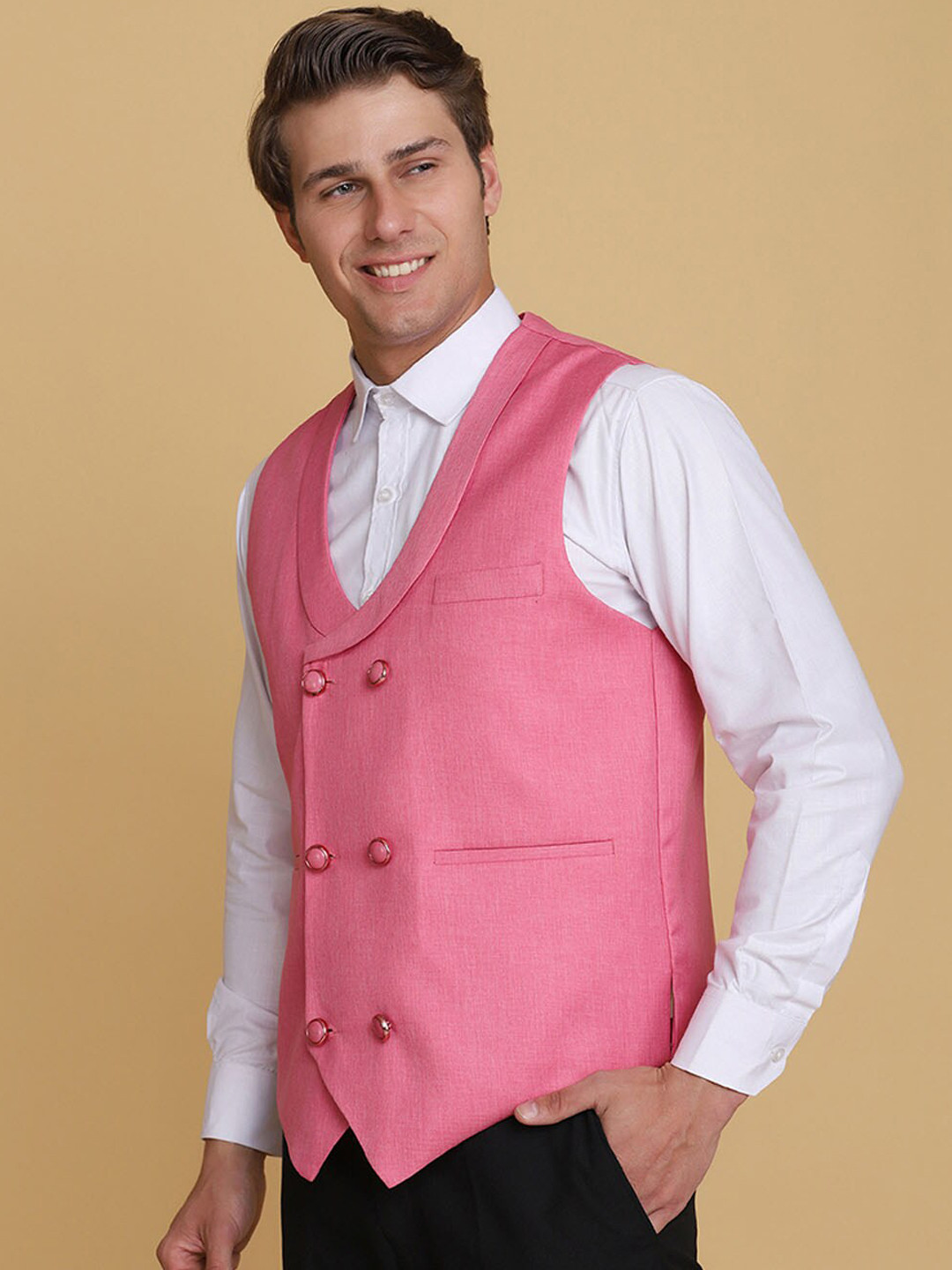 TAHVO Men Pink Solid Satin Woven Waistcoat
