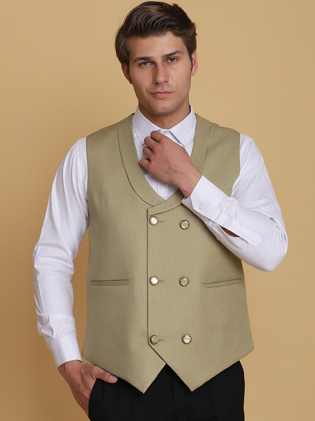 TAHVO Men Beige Solid Waistcoat