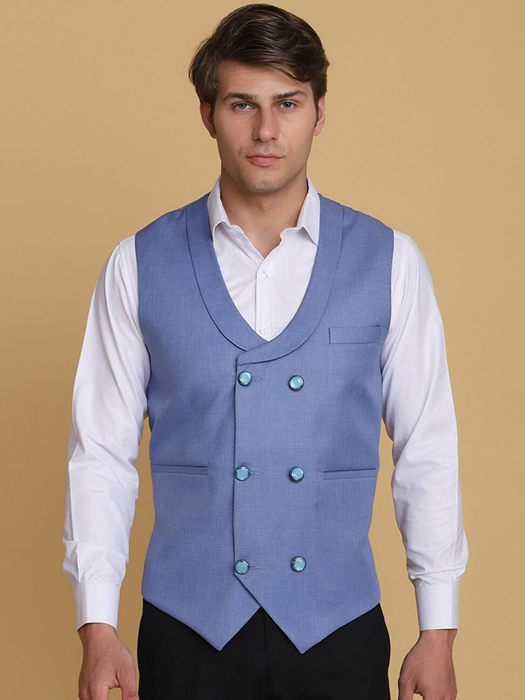 TAHVO Men Blue Solid Formal Waistcoat