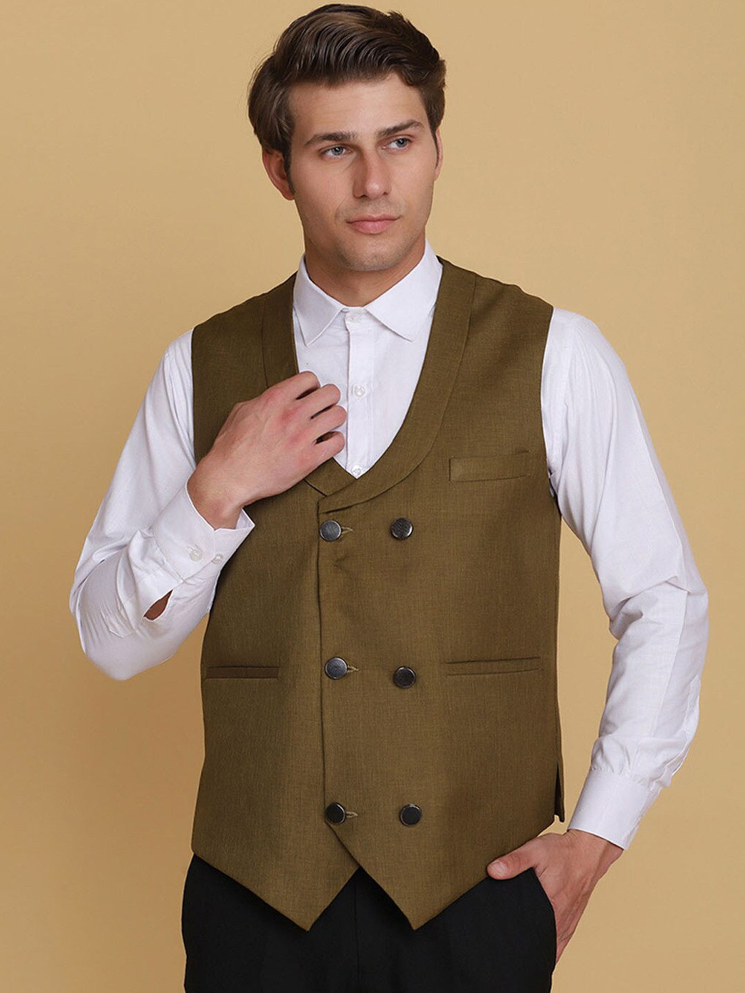 TAHVO Men Olive Green Solid Waistcoat