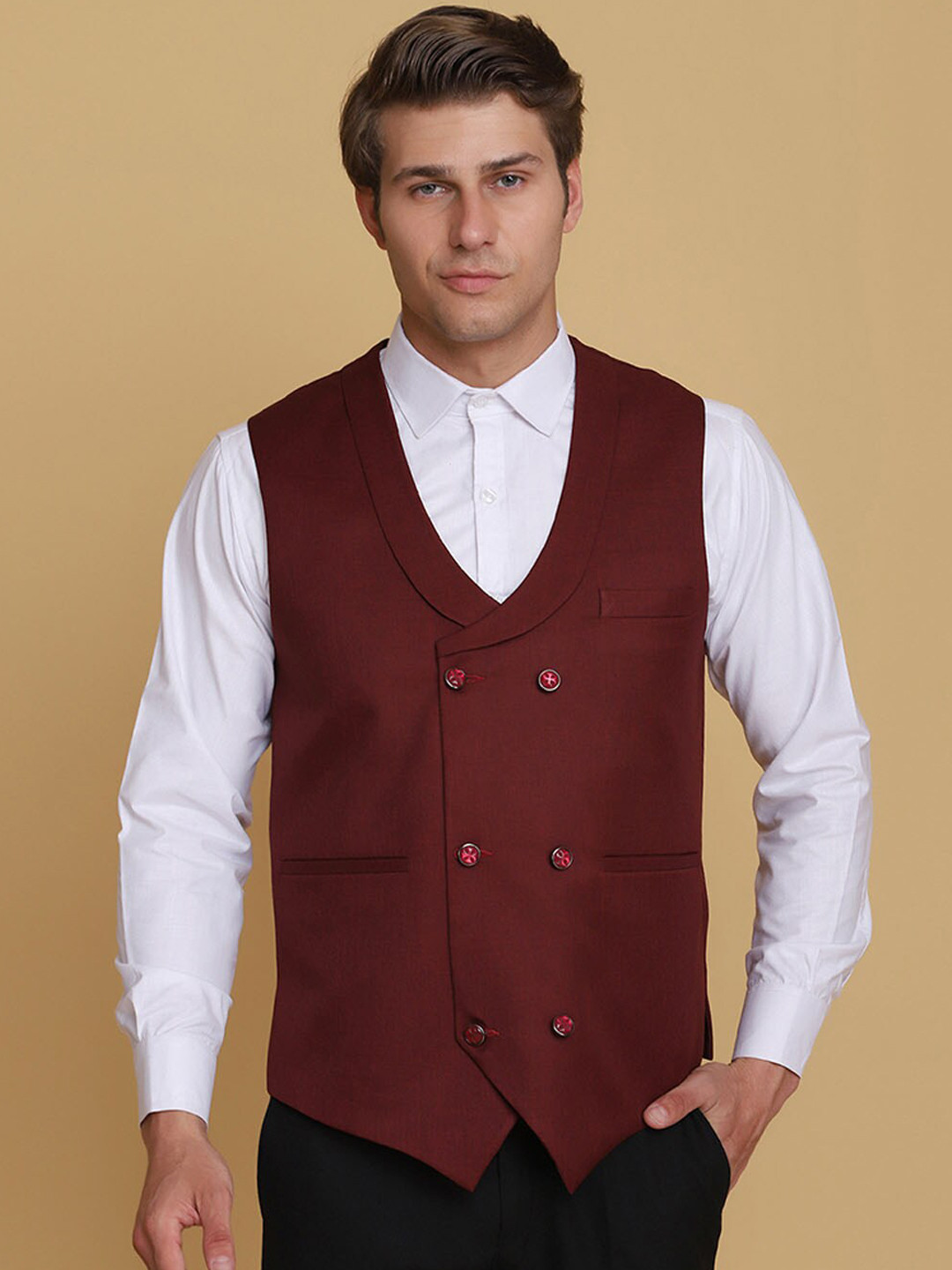 TAHVO Men Maroon Solid Waistcoat
