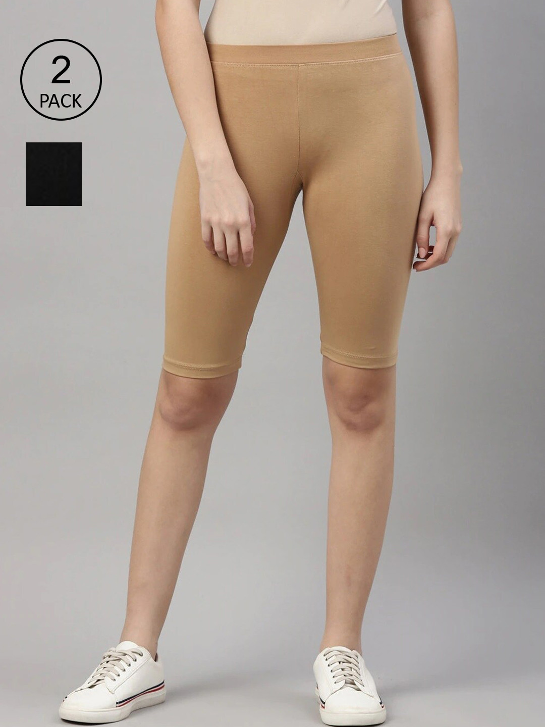 Kryptic Women Beige & Black Pack Of 2 Pure Cotton Sports Shorts