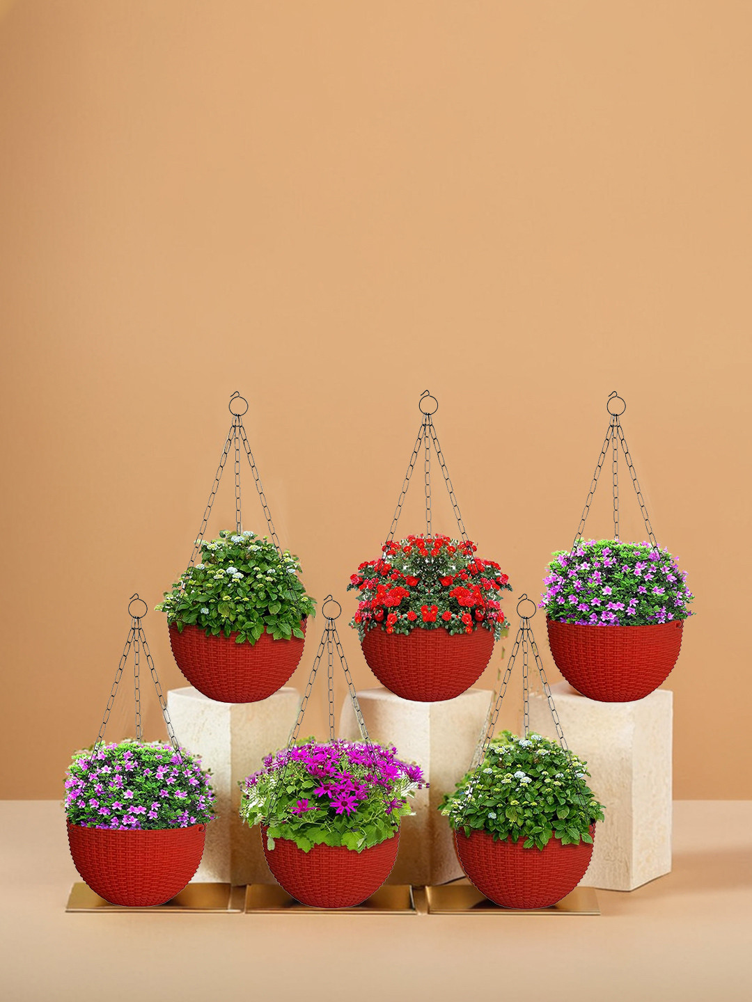Kuber Industries Set Of 6 Red Textured Plastic Hanging Flower Pot