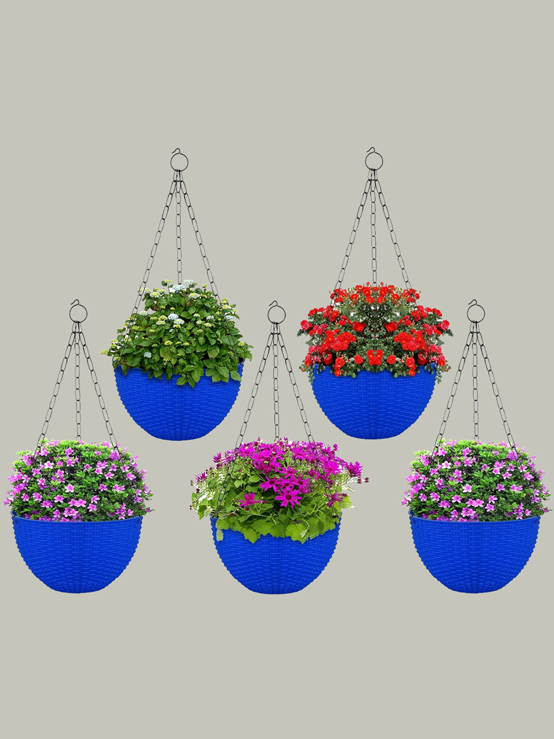 Kuber Industries Blue Set Of 5 Large Plastic Hanging Flower Pot