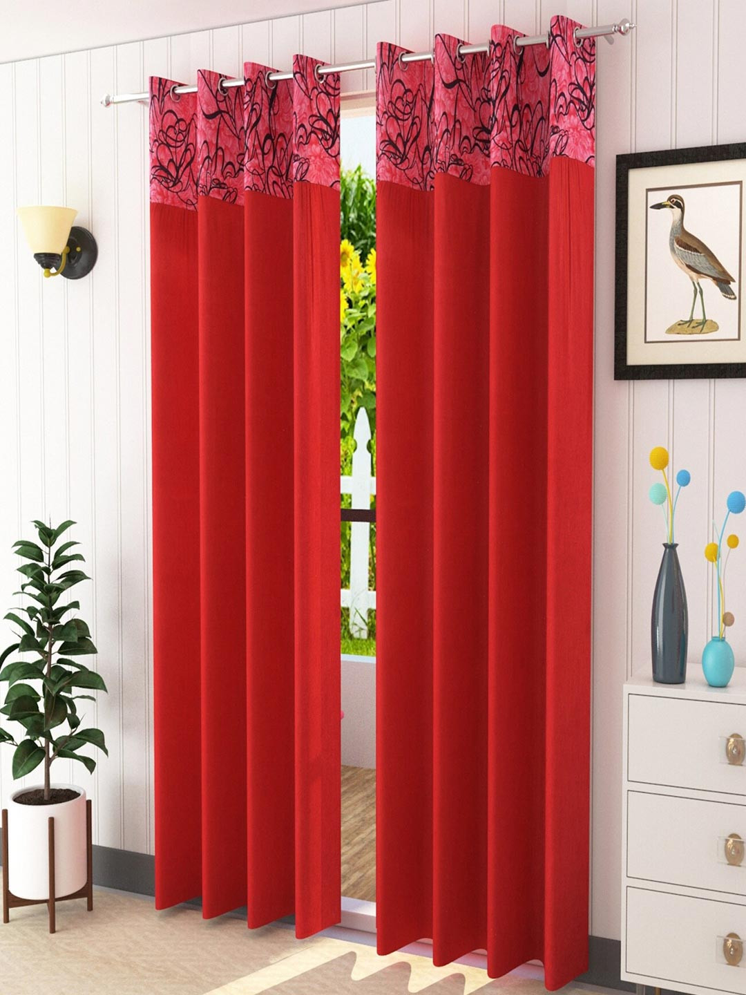 Homefab India Maroon & Black Set of 2 Window Curtains