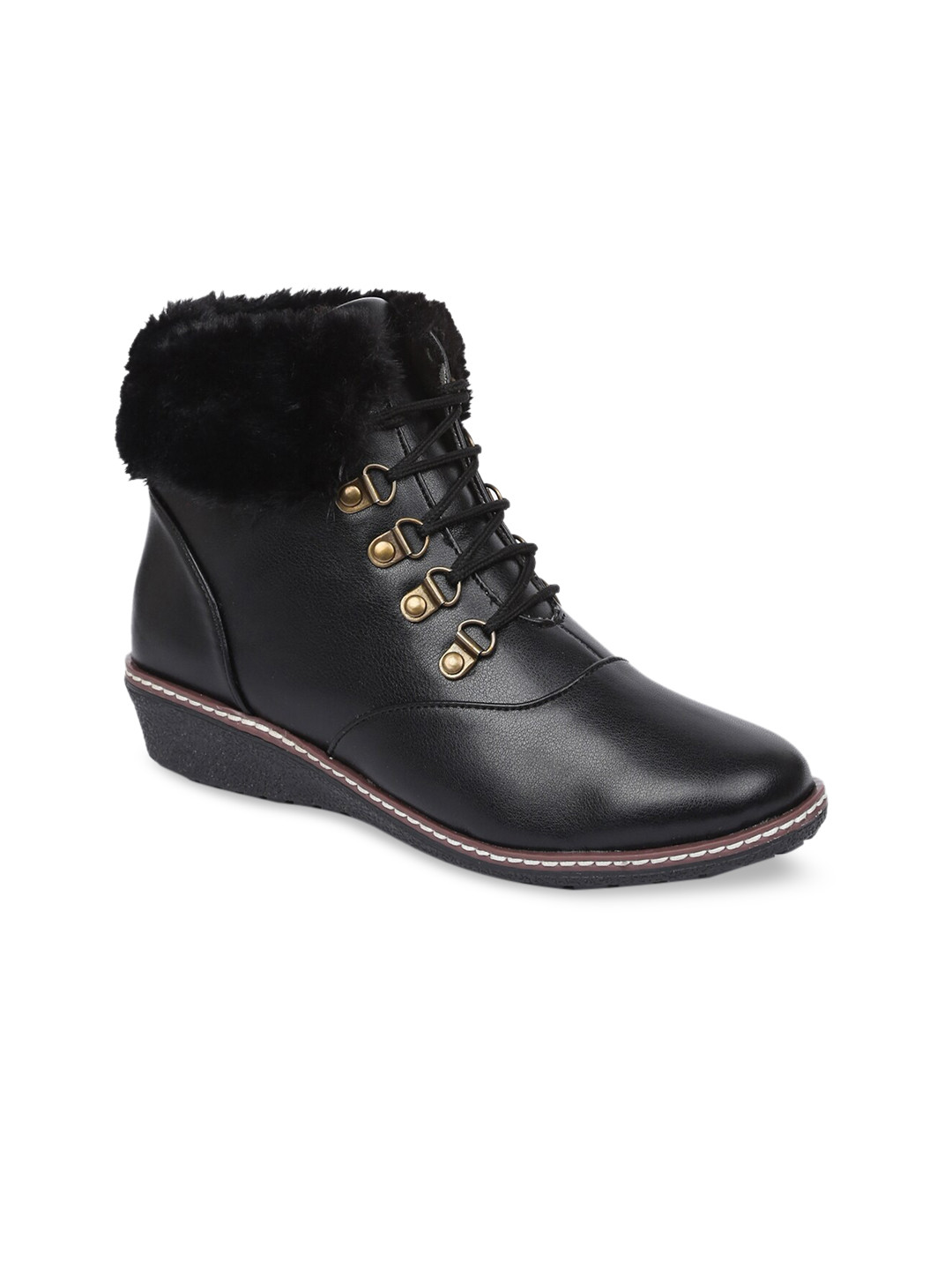 VALIOSAA Women Black Solid Wedged Heel Boot With Fur