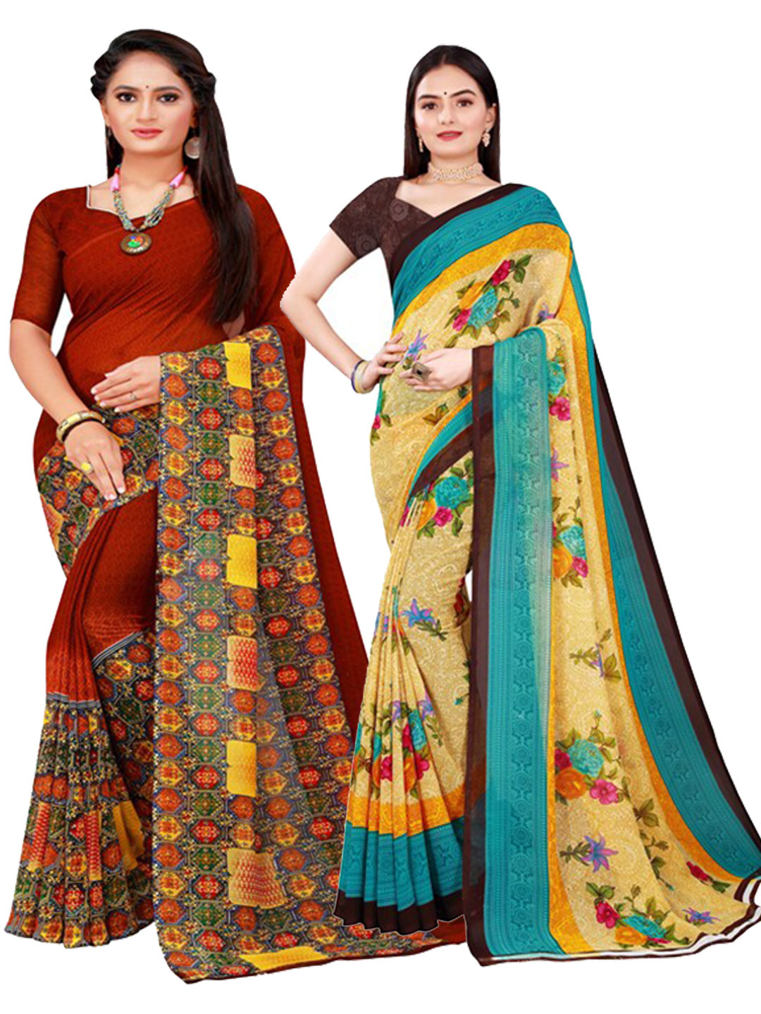 SAADHVI Women's Georgette Set of 2 Beige And Maroon Floral Printed Saree