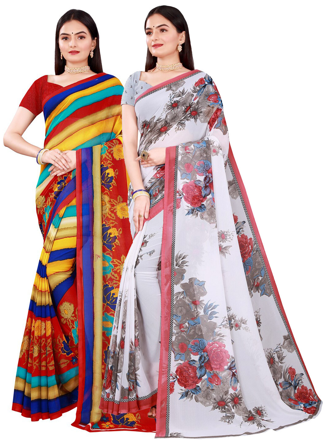 Florence Set Of 2 White & Yellow Floral Pure Georgette Sarees