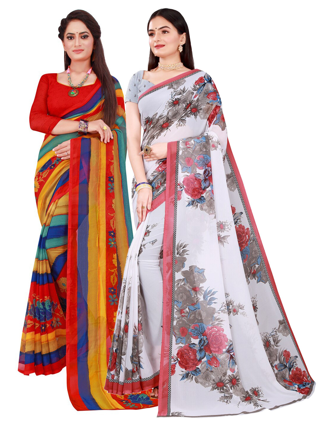 Florence Saree Pack of 2 Red & White Floral Pure Georgette Saree