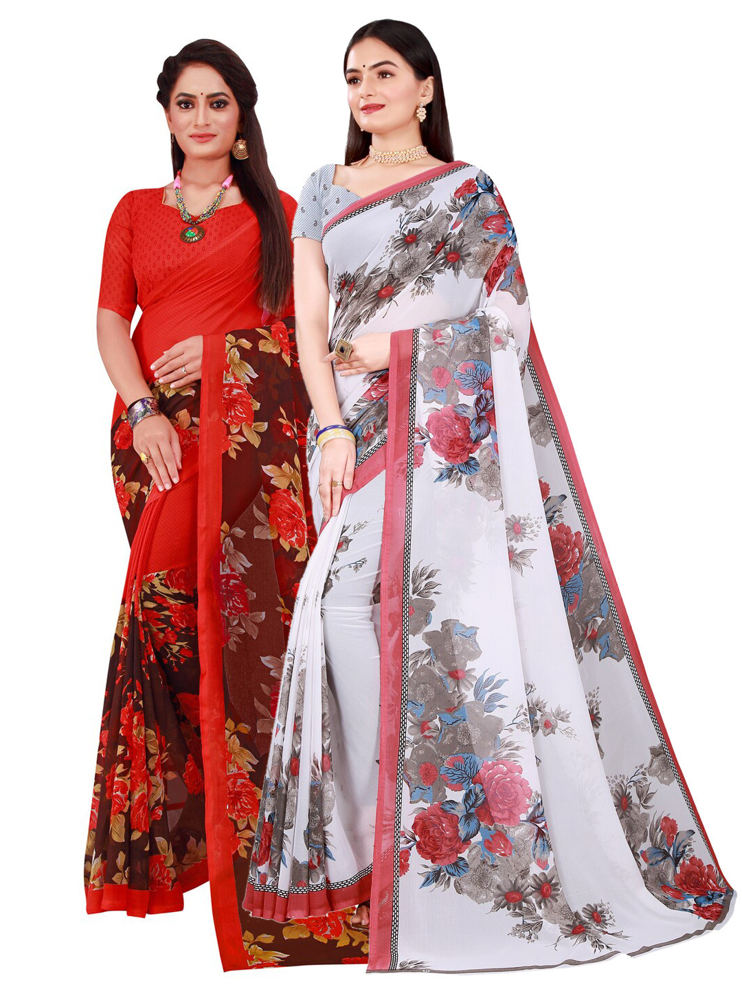 Florence Women's Georgette White And Red Printed Combo Pack of 2 Saree