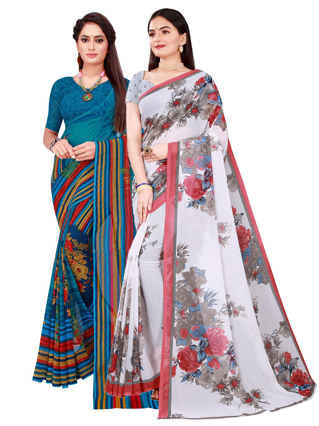 Florence Pack of 2  White & Blue Printed Pure Georgette Saree With Unstitched Blouse Piece