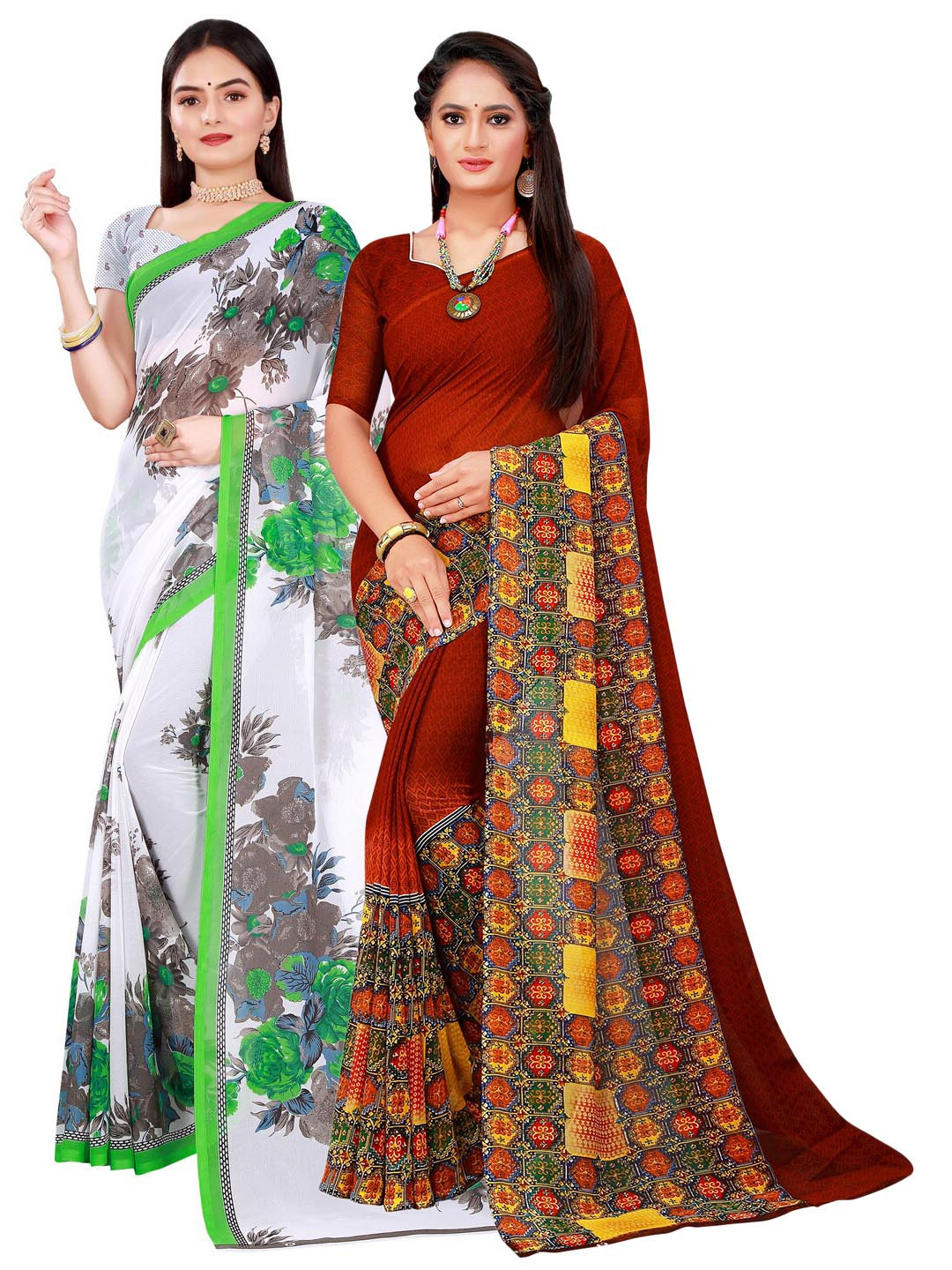 Florence Women Pack of 2 White & Maroon Floral and Geometric Print Pure Georgette Sarees