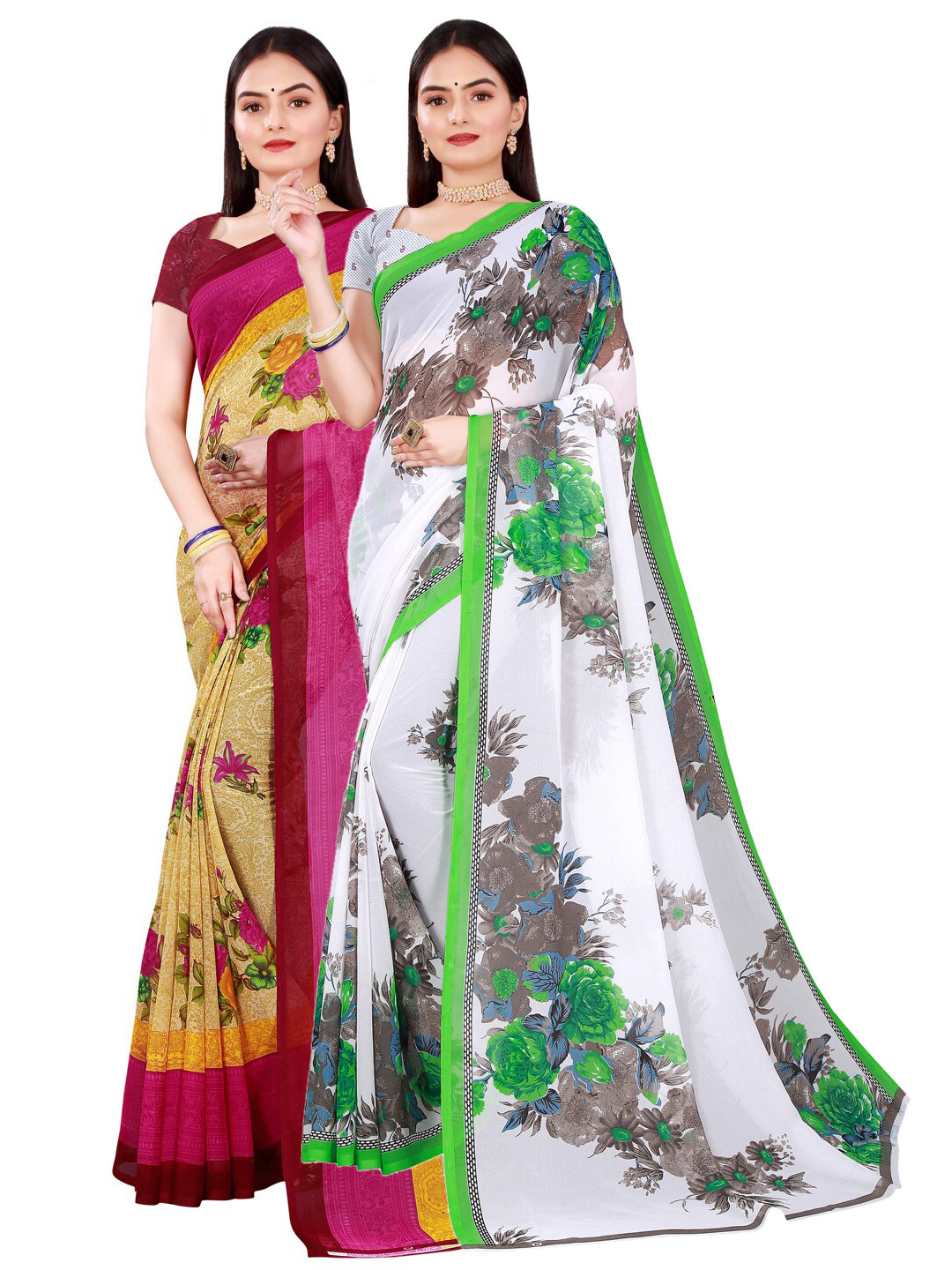 Florence Women Pack Of 2 White & Yellow Printed Pure Georgette Saree
