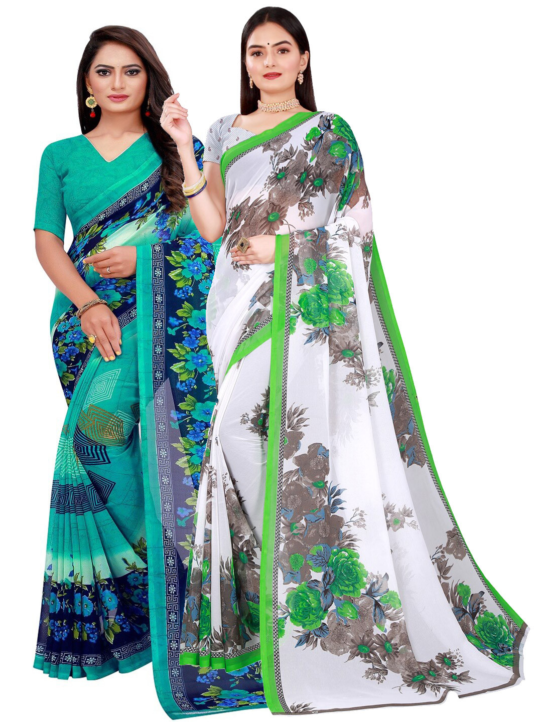 Florence Set Of 2 Sea Green & White Floral Pure Georgette Sarees