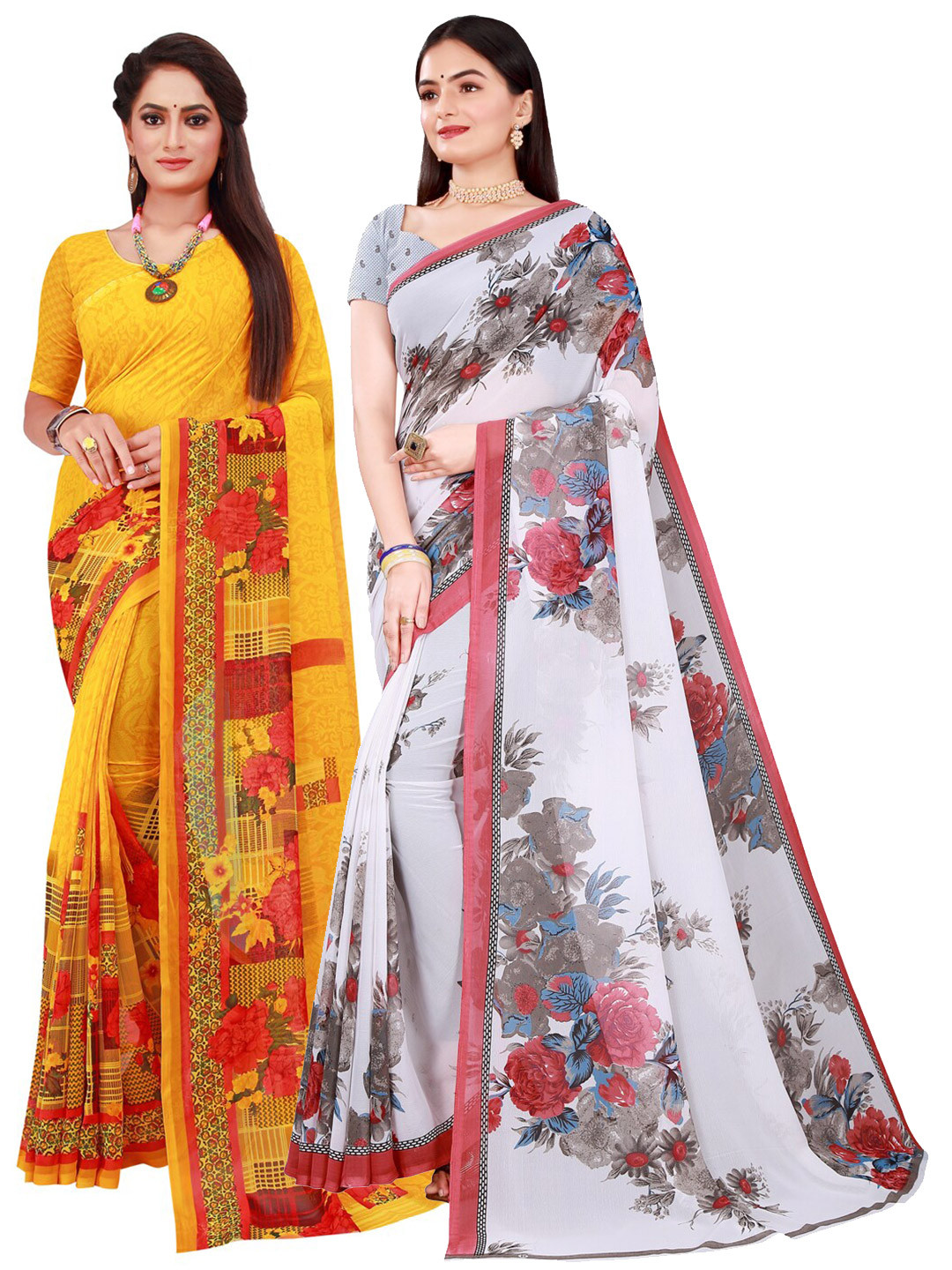 KALINI Women Pack of 2 White & Yellow Printed Pure Georgette Saree
