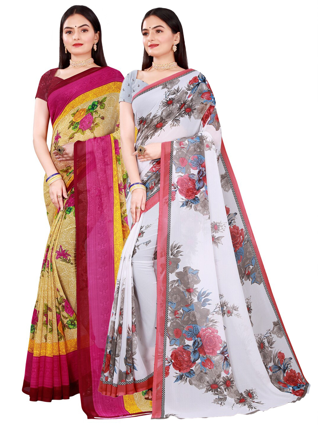 KALINI Women's Georgette Beige And White Printed Combo Pack of 2 Saree