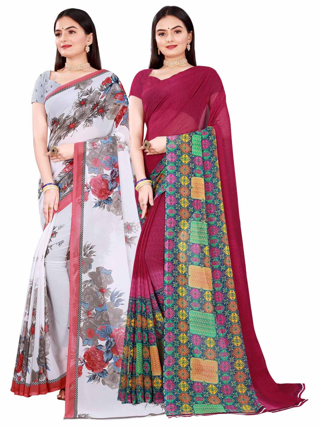 KALINI Women's Georgette White And Maroon Printed Combo Pack of 2 Saree