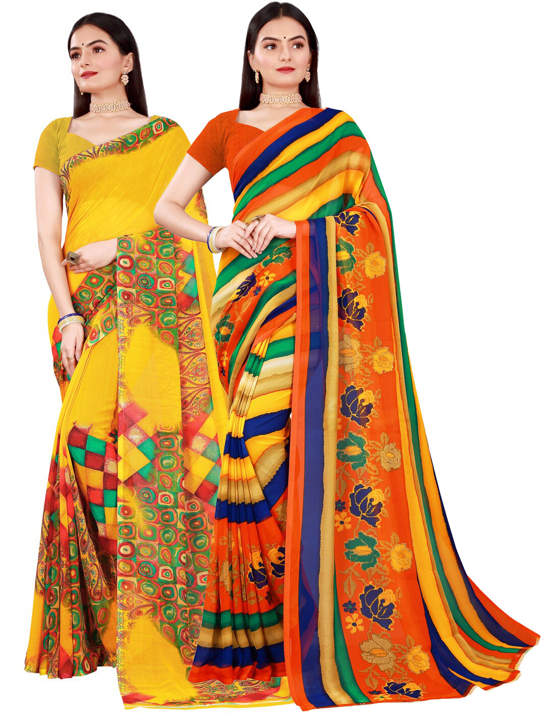KALINI Pack Of 2 Yellow & Blue Printed Pure Georgette Saree With Unstitched Blouse Piece
