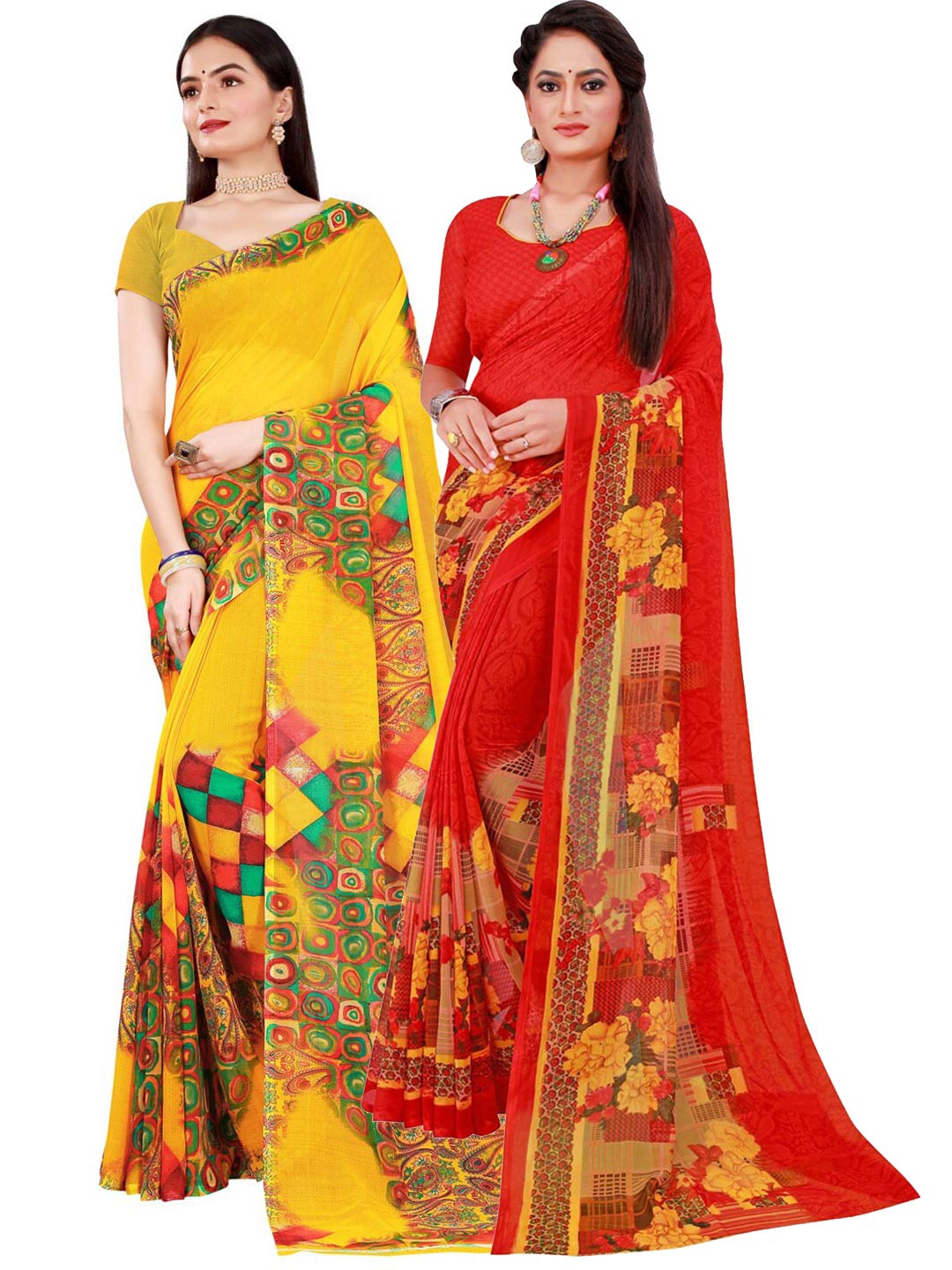 KALINI 2 Yellow & Red Pure Georgette Saree